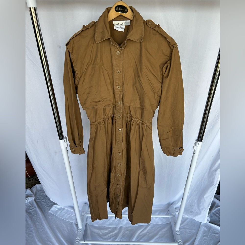 Vintage 1980’s Brown Cotton Trench Long Sleeved Dress With Elastic Waist sz 10 - Picture 2 of 9
